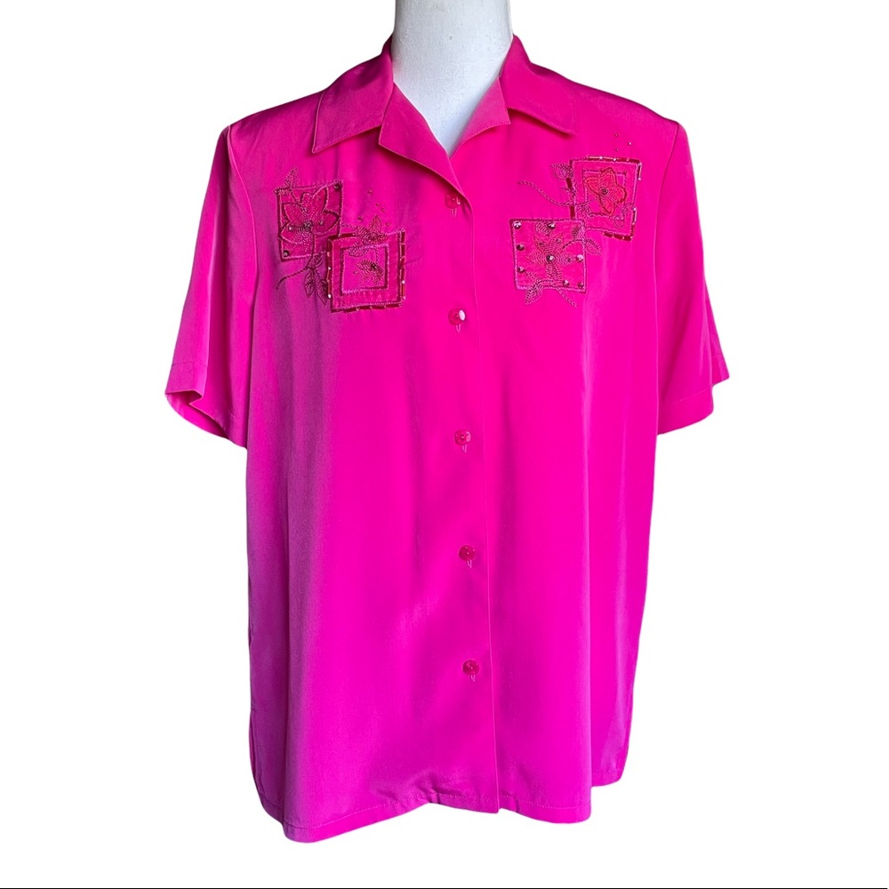 Koret Y2K Neon Pink Floral Beaded Satin Short Sleeve Blouse Women's Size 6